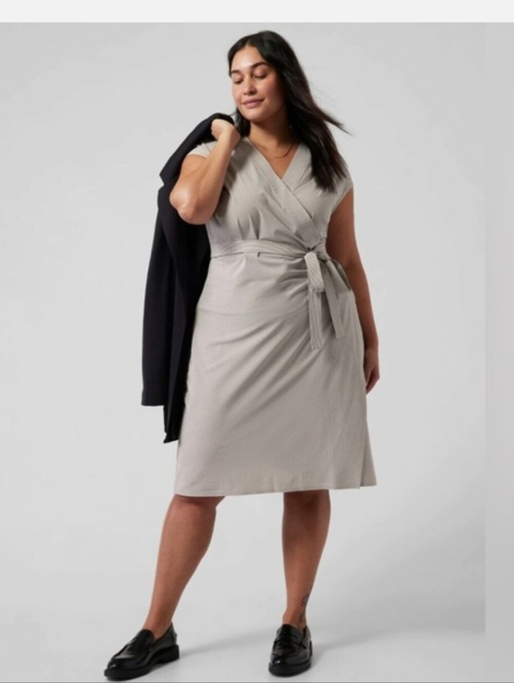ATHLETA City Stripe Newpirt Wrap Dress Black/Sea Salt  L